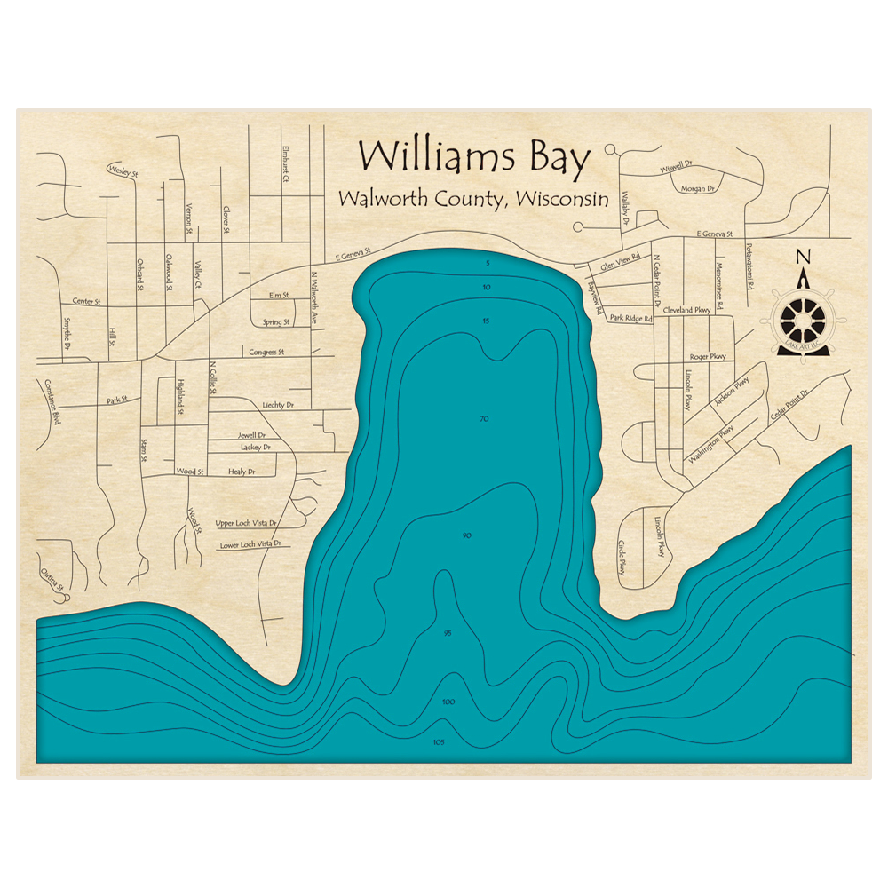 Bathymetric topo map of Williams Bay (of Lake Geneva) with roads, towns and depths noted in blue water