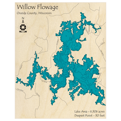 Bathymetric topo map of Willow Flowage with roads, towns and depths noted in blue water