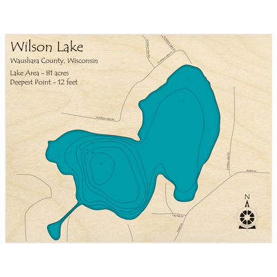 Bathymetric topo map of Wilson Lake with roads, towns and depths noted in blue water