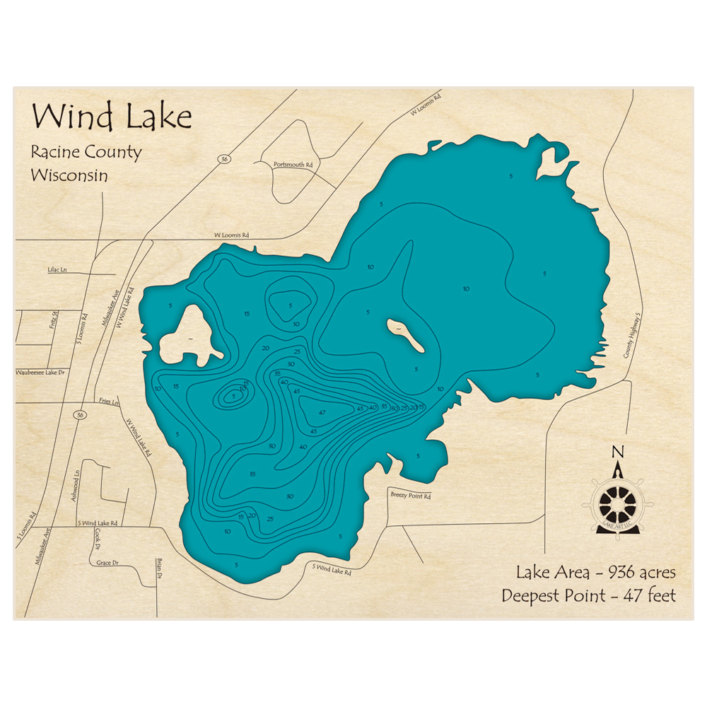 Bathymetric topo map of Wind Lake with roads, towns and depths noted in blue water