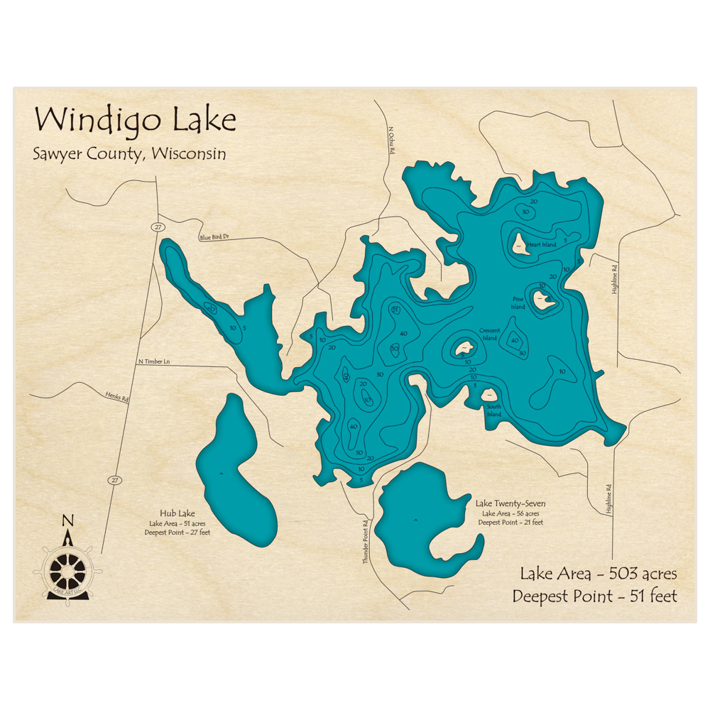 Bathymetric topo map of Windigo Lake with roads, towns and depths noted in blue water