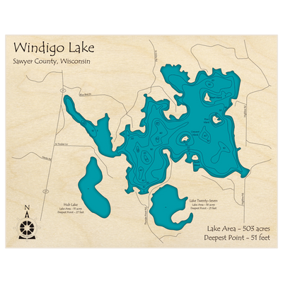 Bathymetric topo map of Windigo Lake with roads, towns and depths noted in blue water