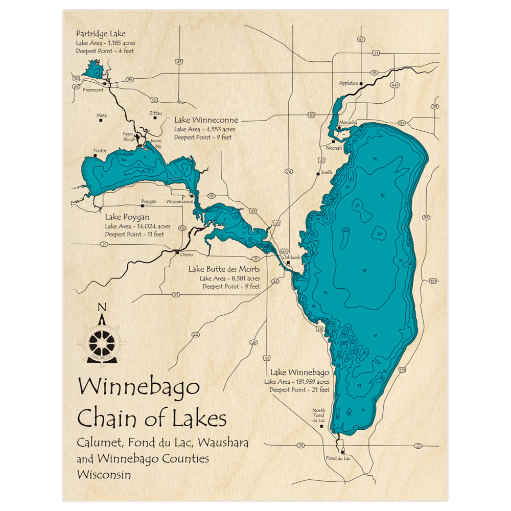 Bathymetric topo map of Winnebago Chain with roads, towns and depths noted in blue water