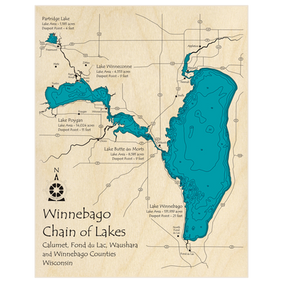 Bathymetric topo map of Winnebago Chain with roads, towns and depths noted in blue water