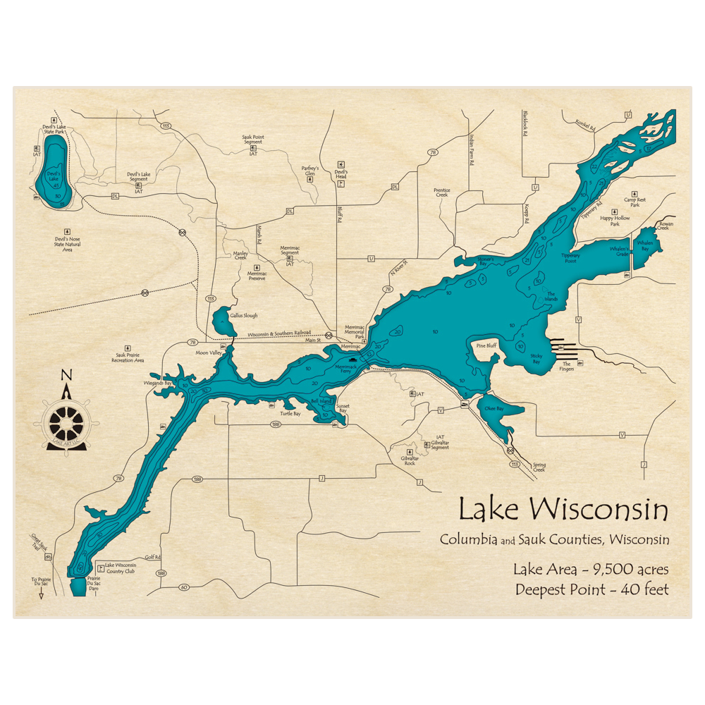 Bathymetric topo map of Lake Wisconsin with roads, towns and depths noted in blue water