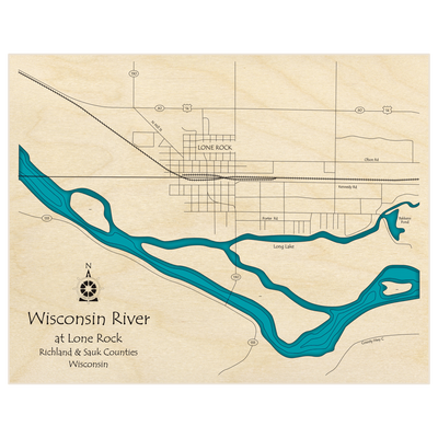Bathymetric topo map of Wisconsin River (Lone Rock Region) with roads, towns and depths noted in blue water