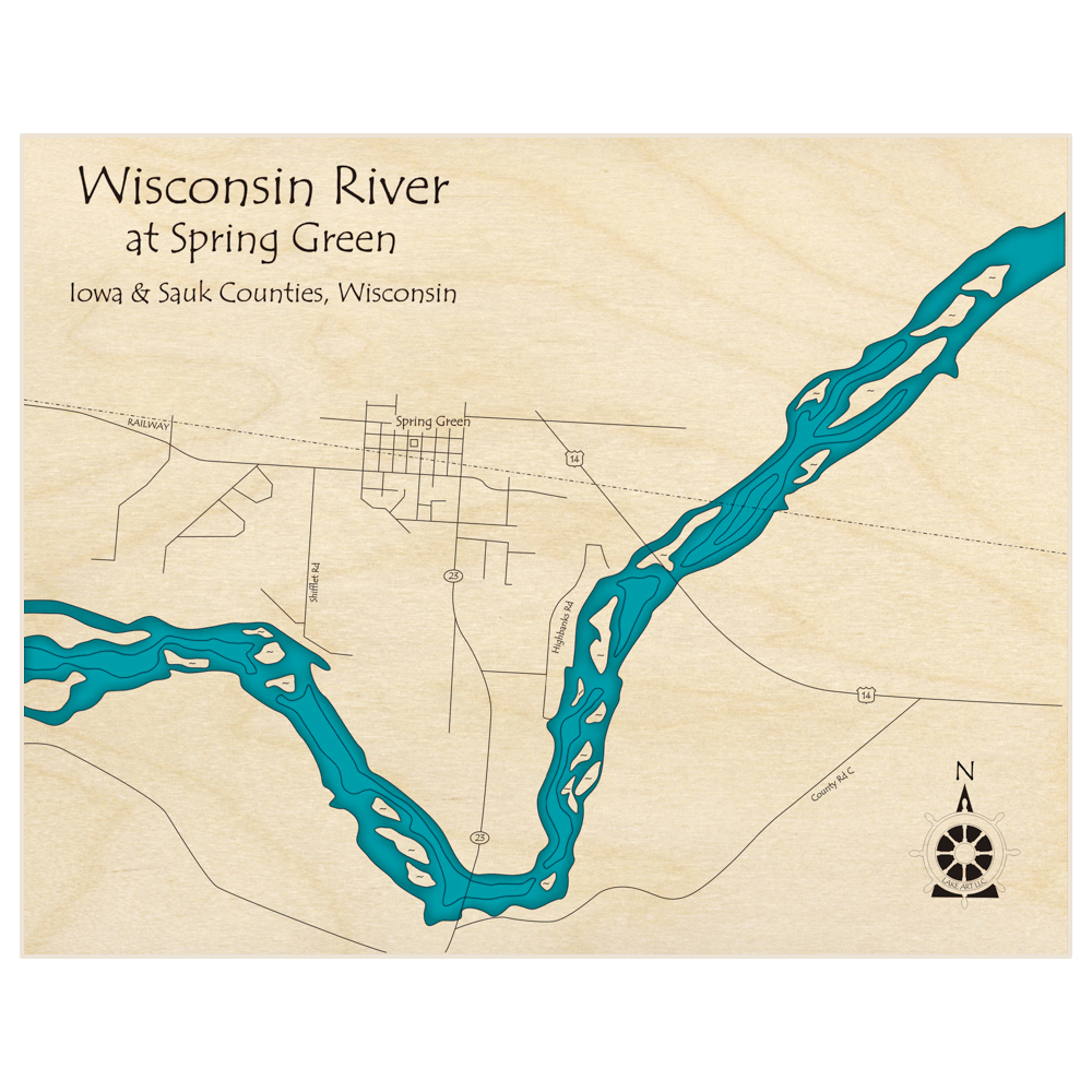 Bathymetric topo map of Wisconsin River (Spring Green Region) with roads, towns and depths noted in blue water