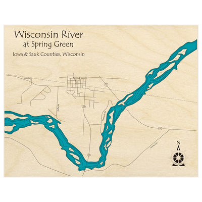 Bathymetric topo map of Wisconsin River (Spring Green Region) with roads, towns and depths noted in blue water