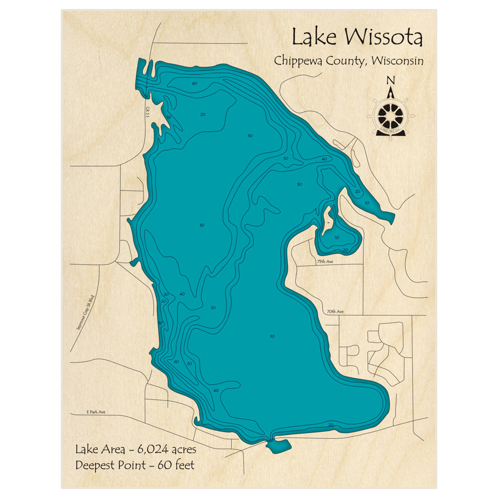 Bathymetric topo map of Lake Wissota with roads, towns and depths noted in blue water