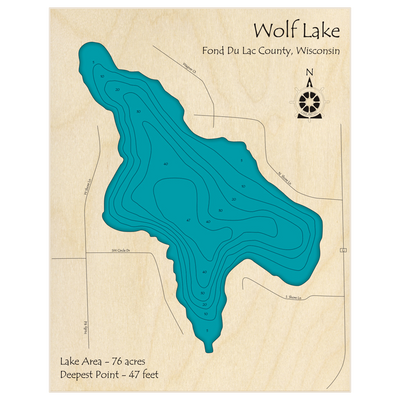 Bathymetric topo map of Wolf Lake with roads, towns and depths noted in blue water