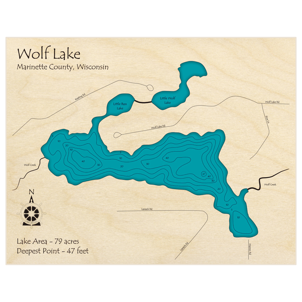 Bathymetric topo map of Wolf Lake with roads, towns and depths noted in blue water