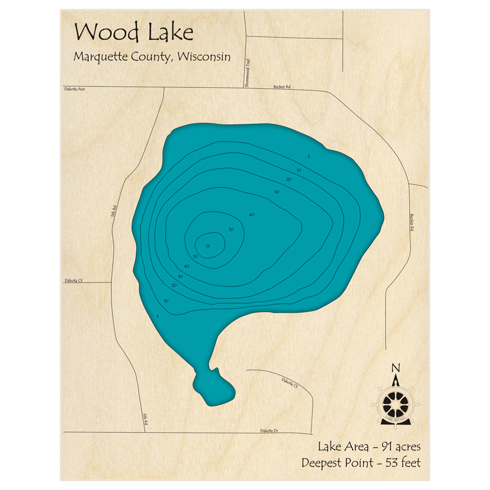 Bathymetric topo map of Wood Lake with roads, towns and depths noted in blue water