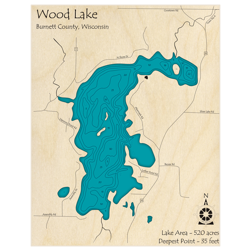 Bathymetric topo map of Big Wood Lake with roads, towns and depths noted in blue water