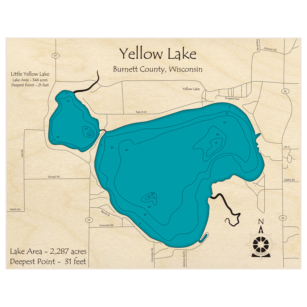 Bathymetric topo map of Yellow Lake (With Little Yellow Lake) with roads, towns and depths noted in blue water