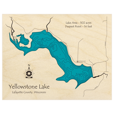 Bathymetric topo map of Yellowstone Lake with roads, towns and depths noted in blue water