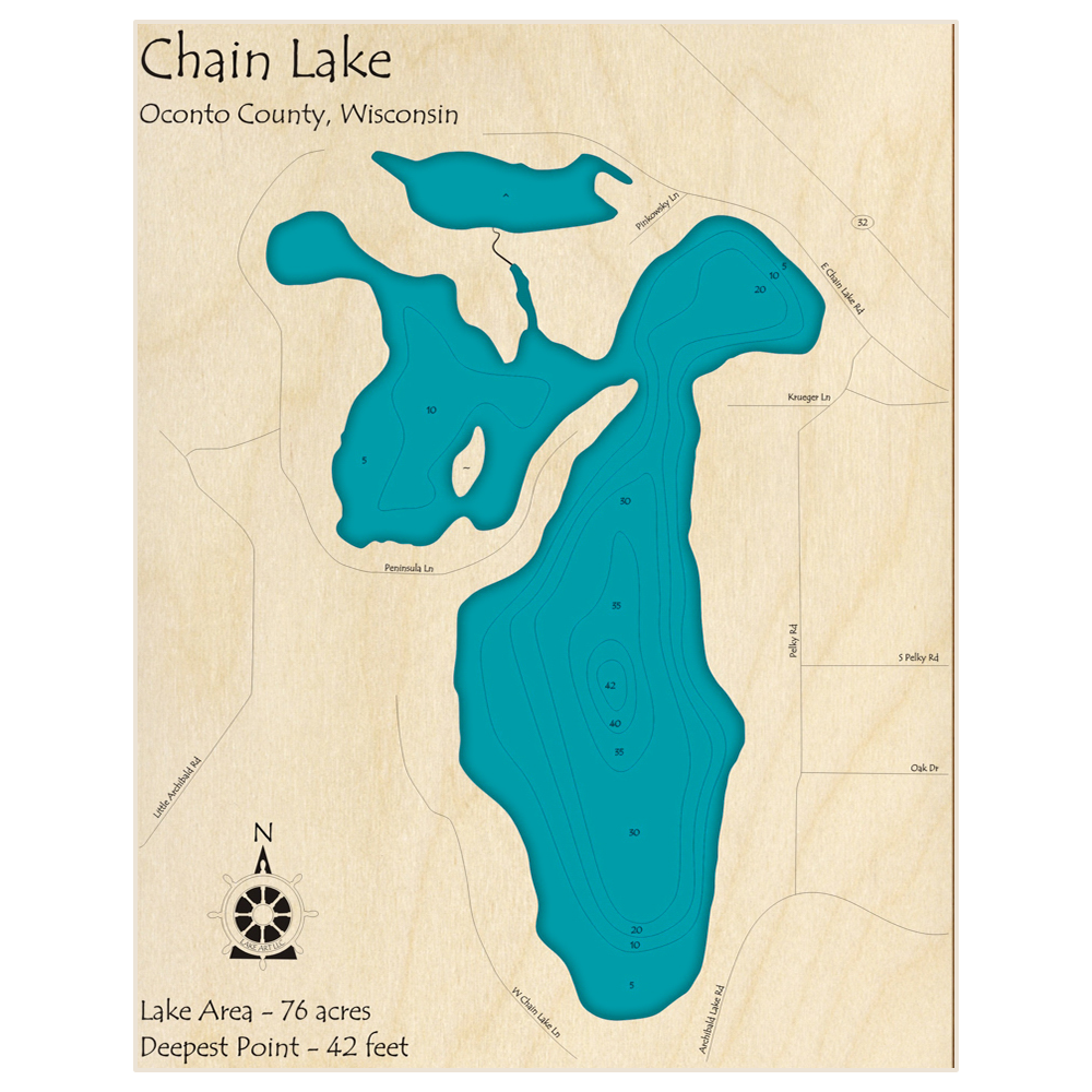 Bathymetric topo map of Chain Lake with roads, towns and depths noted in blue water