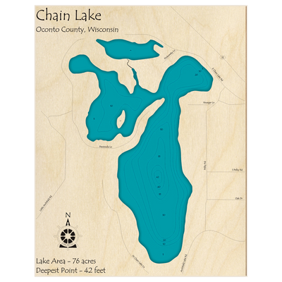 Bathymetric topo map of Chain Lake with roads, towns and depths noted in blue water