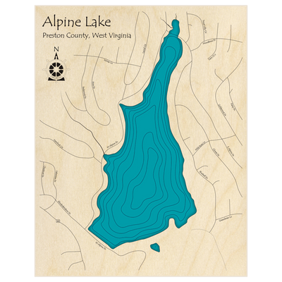 Bathymetric topo map of Alpine Lake  with roads, towns and depths noted in blue water