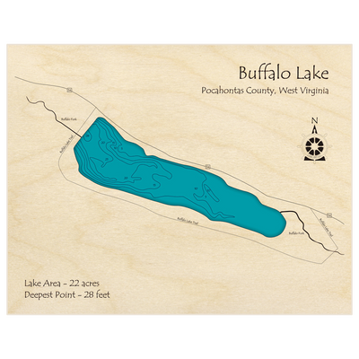 Bathymetric topo map of Buffalo Lake with roads, towns and depths noted in blue water