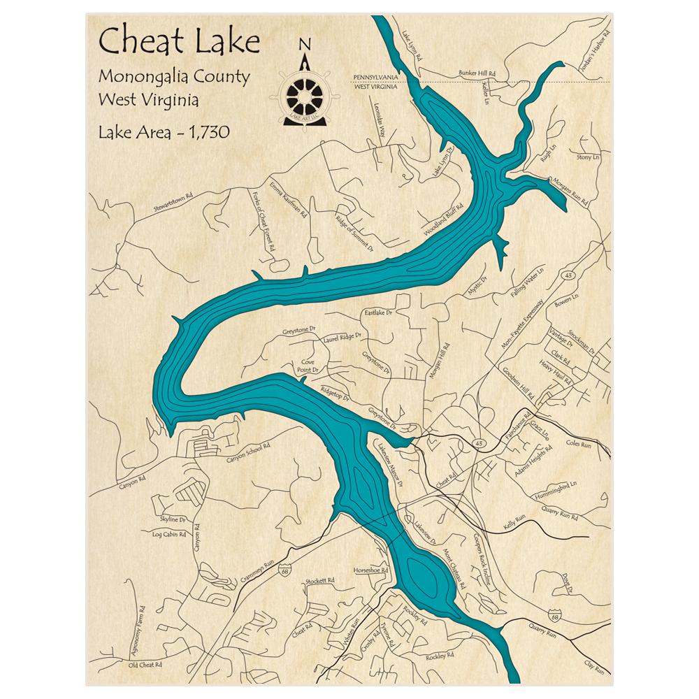 Bathymetric topo map of Cheat Lake  with roads, towns and depths noted in blue water
