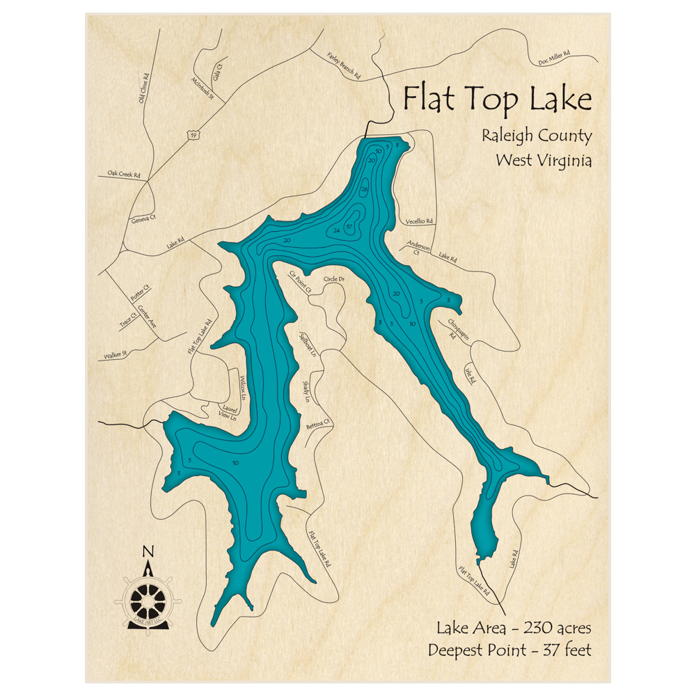 Bathymetric topo map of Flat Top Lake * with roads, towns and depths noted in blue water