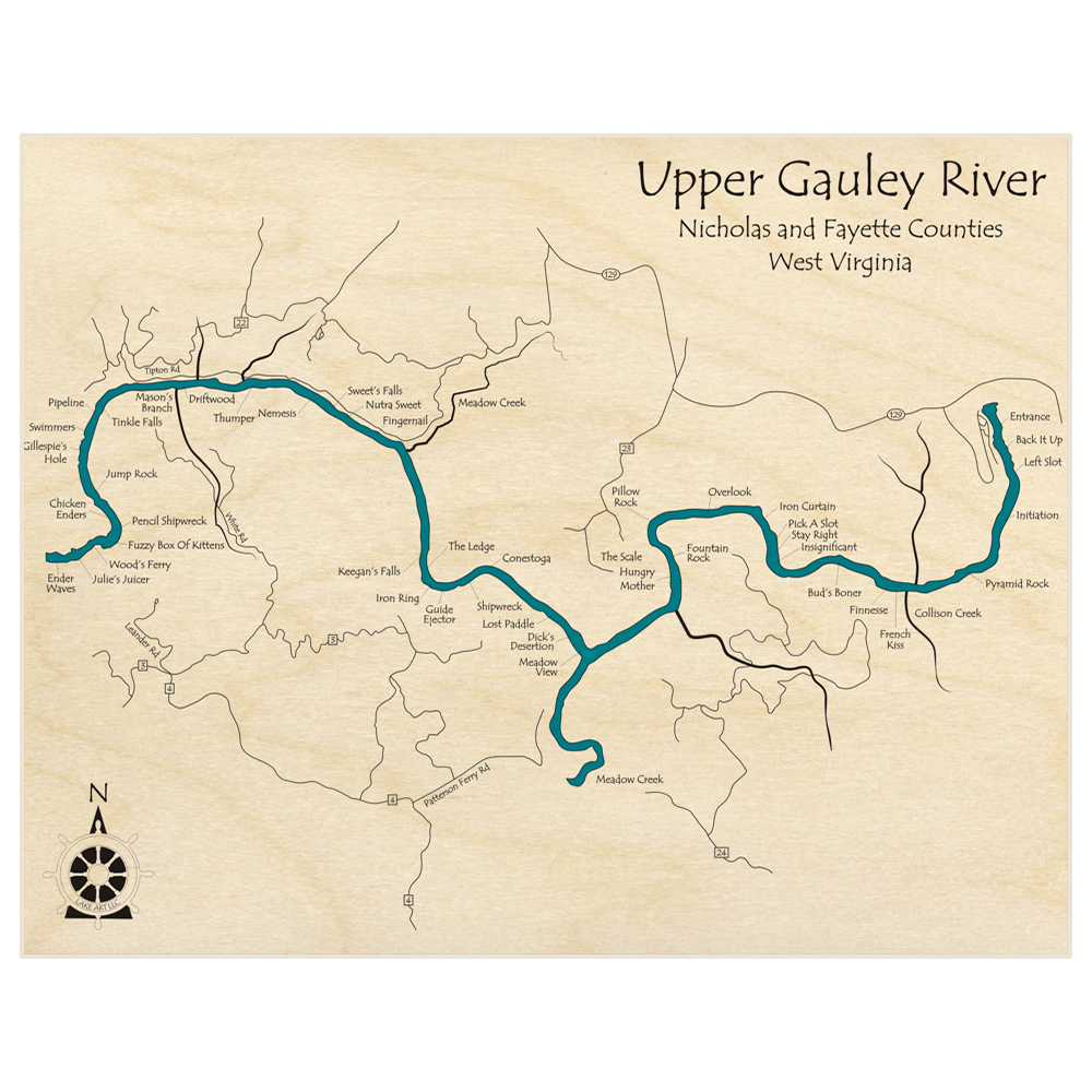 Bathymetric topo map of Gauley River (Dam to Mile Marker 12) (SINGLE LEVEL ONLY) with roads, towns and depths noted in blue water