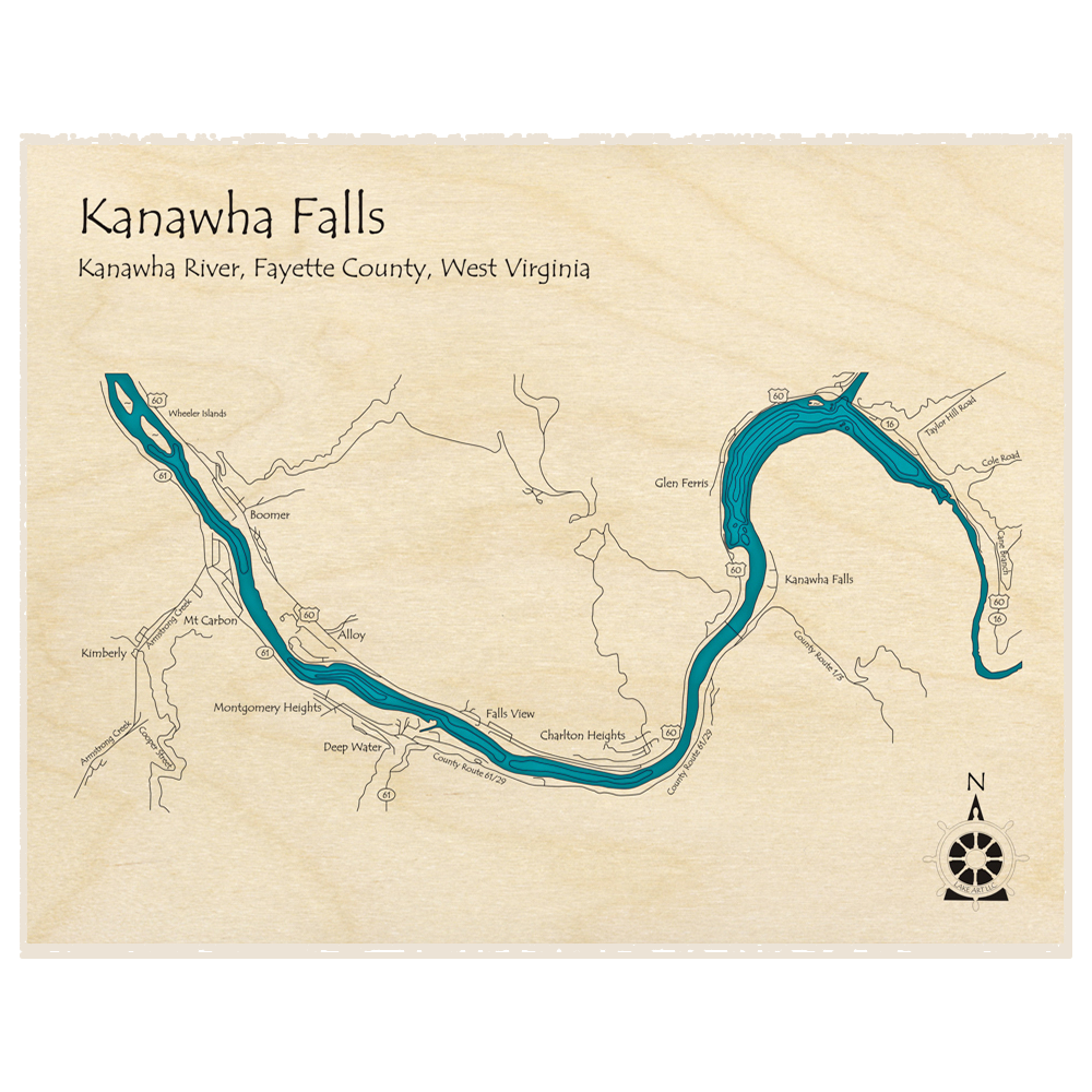Bathymetric topo map of Kanawha Falls - Kanawha River  with roads, towns and depths noted in blue water