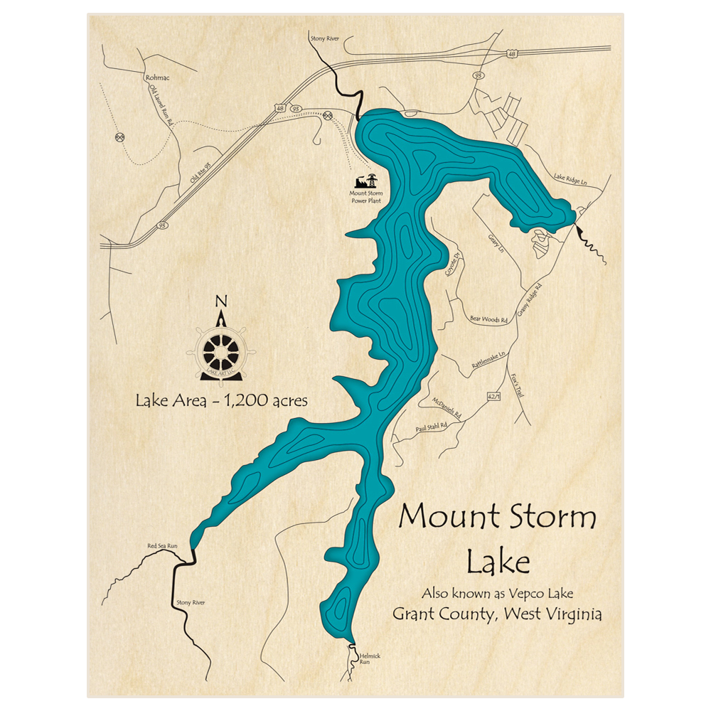 Bathymetric topo map of Mount Storm Lake (Vepco Lake)  with roads, towns and depths noted in blue water
