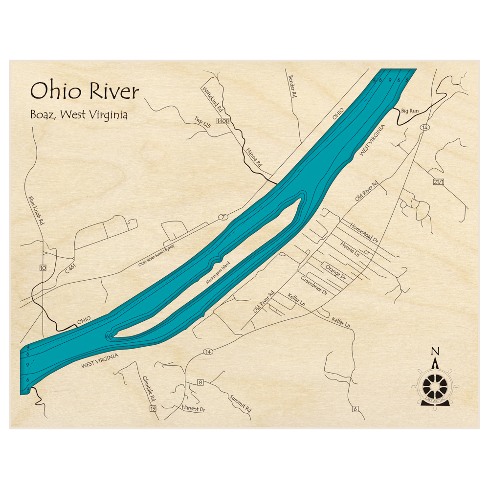 Bathymetric topo map of Ohio River Near Boaz WV with roads, towns and depths noted in blue water
