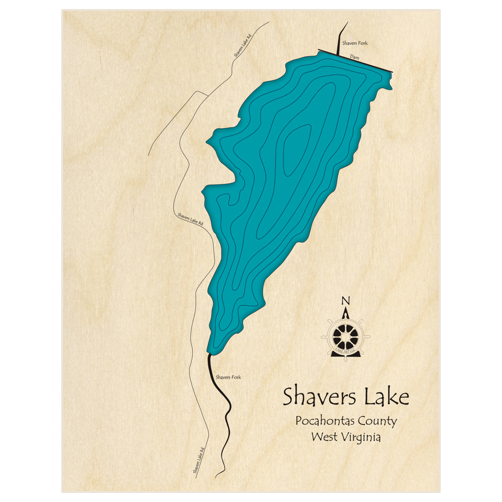 Bathymetric topo map of Shavers Lake  with roads, towns and depths noted in blue water