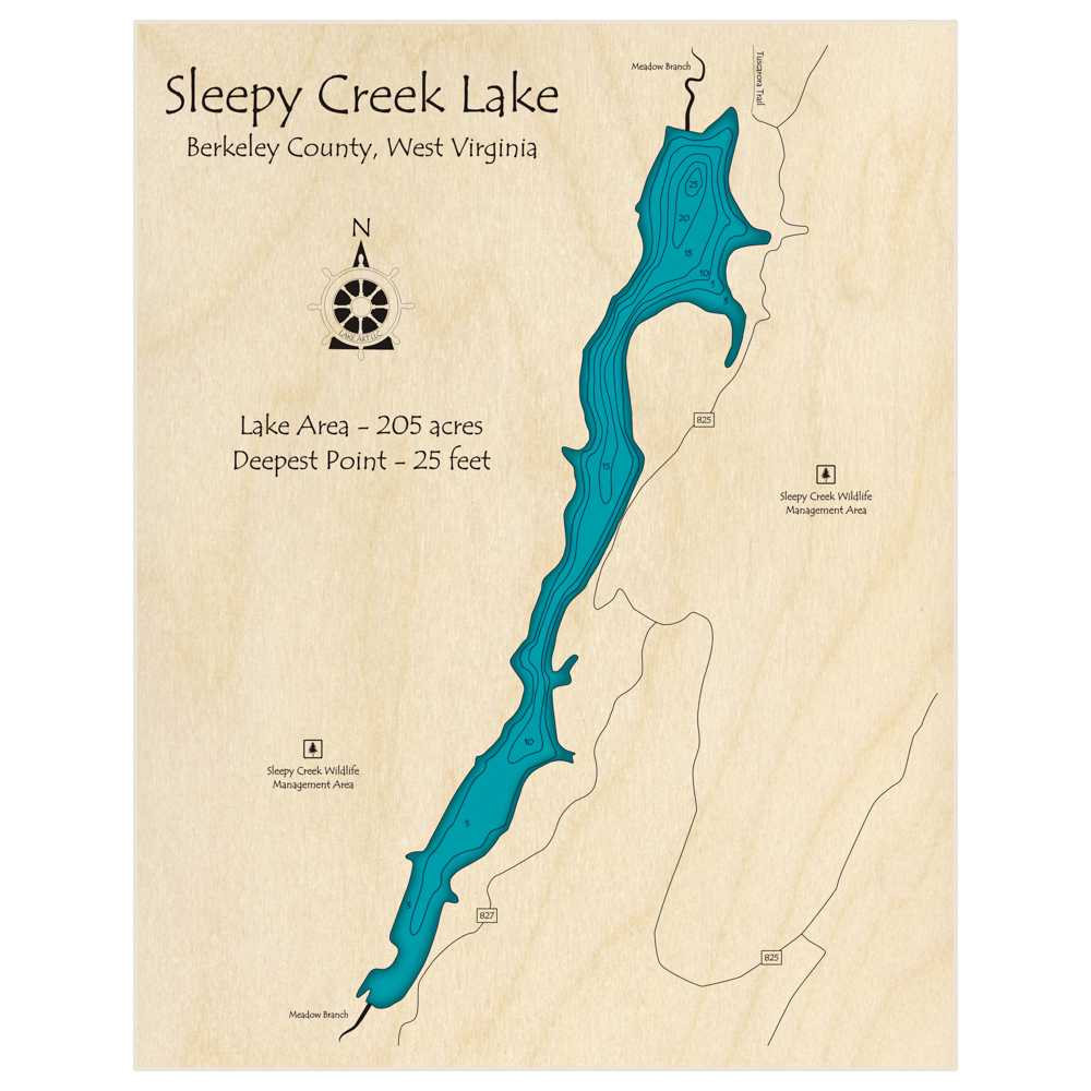 Bathymetric topo map of Sleepy Creek Lake with roads, towns and depths noted in blue water