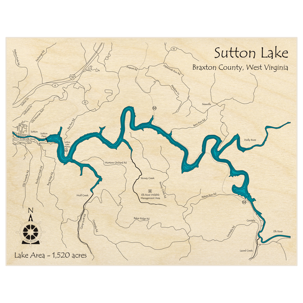 Bathymetric topo map of Sutton Lake  with roads, towns and depths noted in blue water