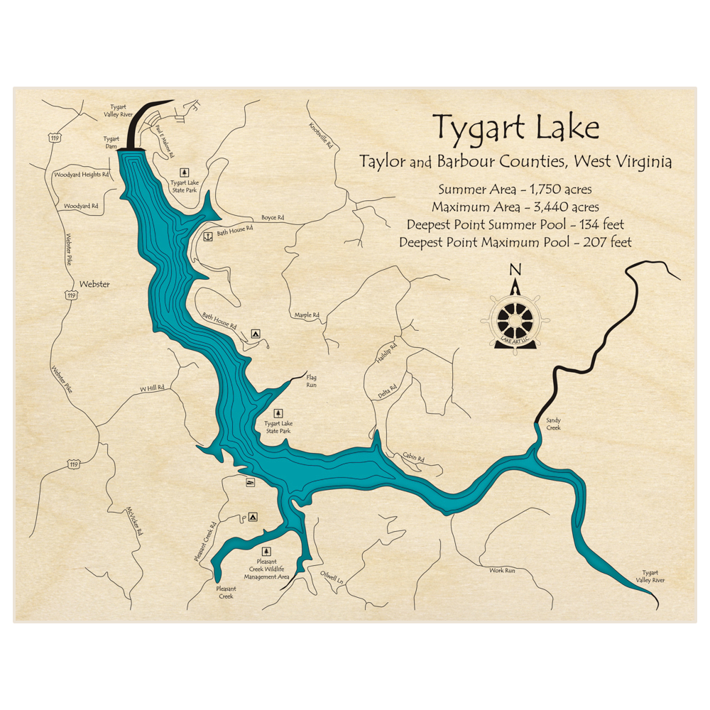 Bathymetric topo map of Tygart Lake  with roads, towns and depths noted in blue water