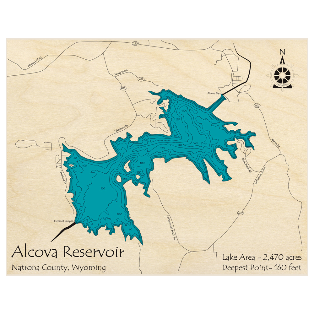 Bathymetric topo map of Alcova Reservoir with roads, towns and depths noted in blue water