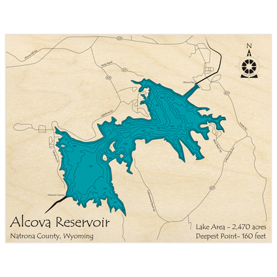 Bathymetric topo map of Alcova Reservoir with roads, towns and depths noted in blue water