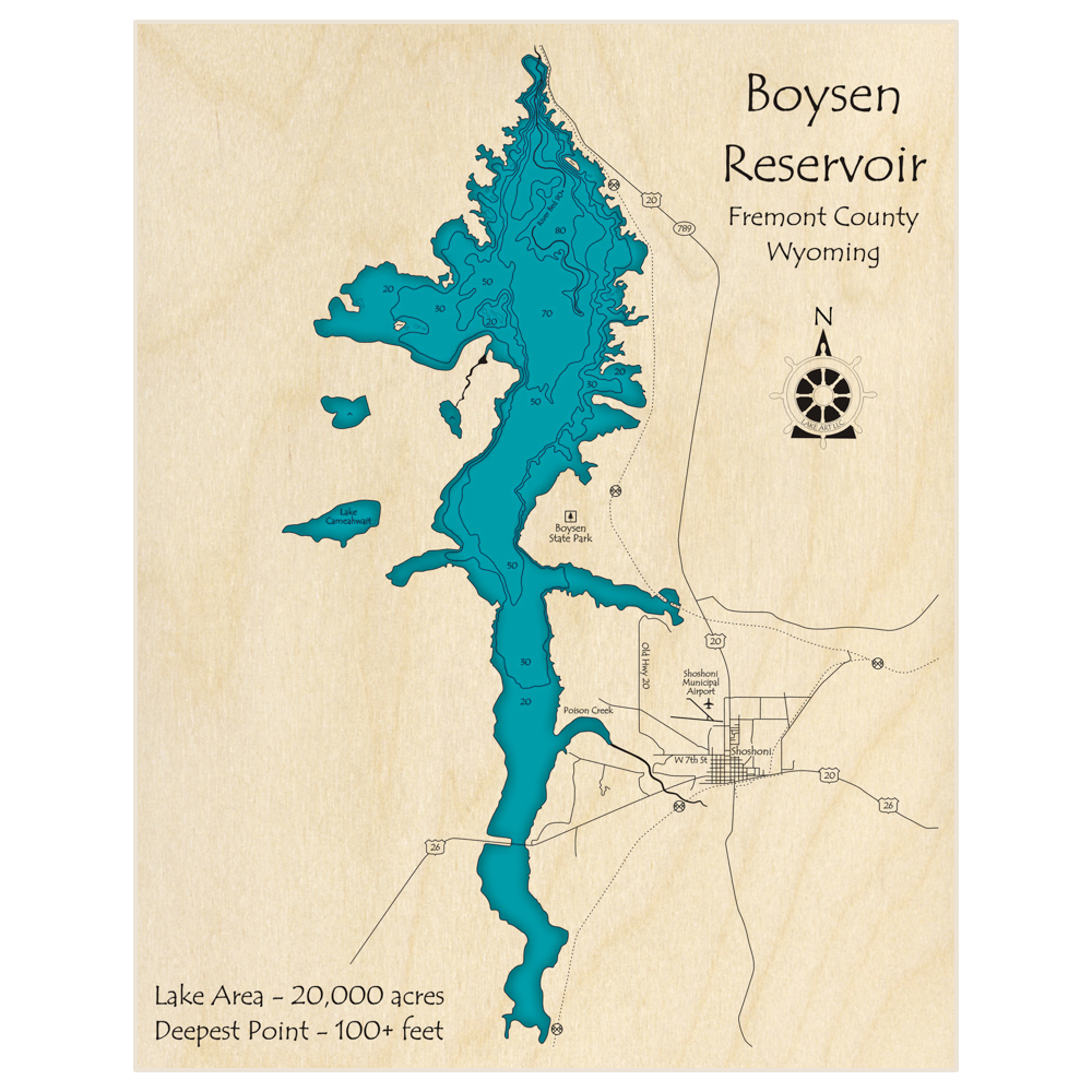 Bathymetric topo map of Boysen Reservoir with roads, towns and depths noted in blue water