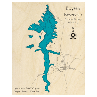 Bathymetric topo map of Boysen Reservoir with roads, towns and depths noted in blue water