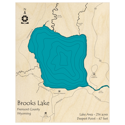 Bathymetric topo map of Brooks Lake with roads, towns and depths noted in blue water
