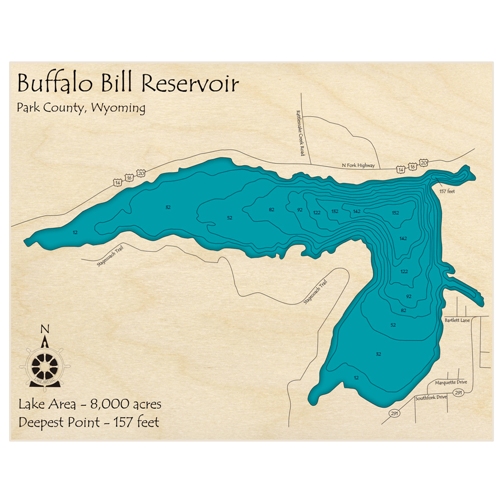 Bathymetric topo map of Buffalo Bill Reservoir with roads, towns and depths noted in blue water