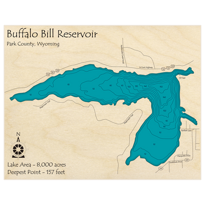 Bathymetric topo map of Buffalo Bill Reservoir with roads, towns and depths noted in blue water