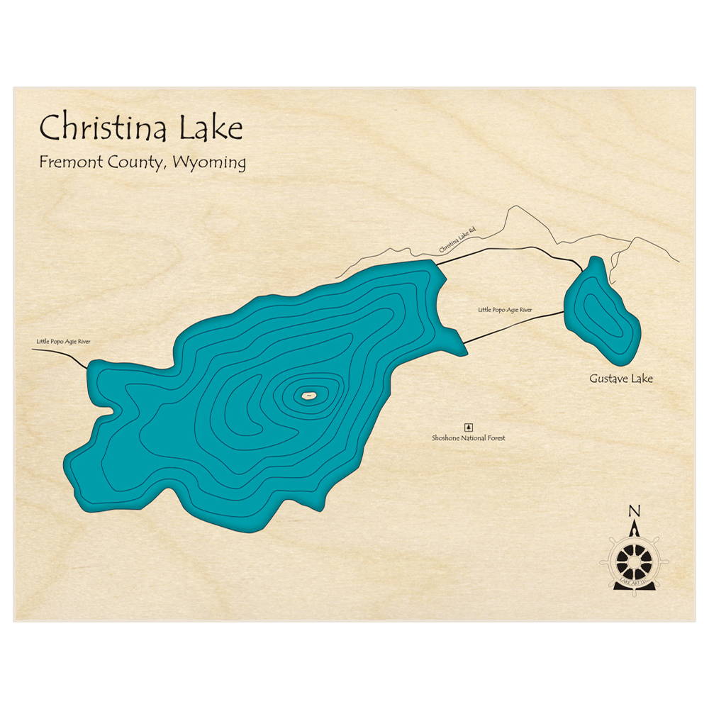 Bathymetric topo map of Christina Lake  with roads, towns and depths noted in blue water