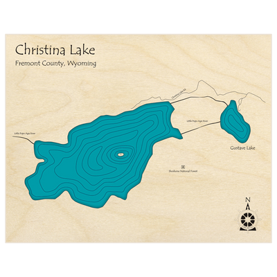Bathymetric topo map of Christina Lake  with roads, towns and depths noted in blue water