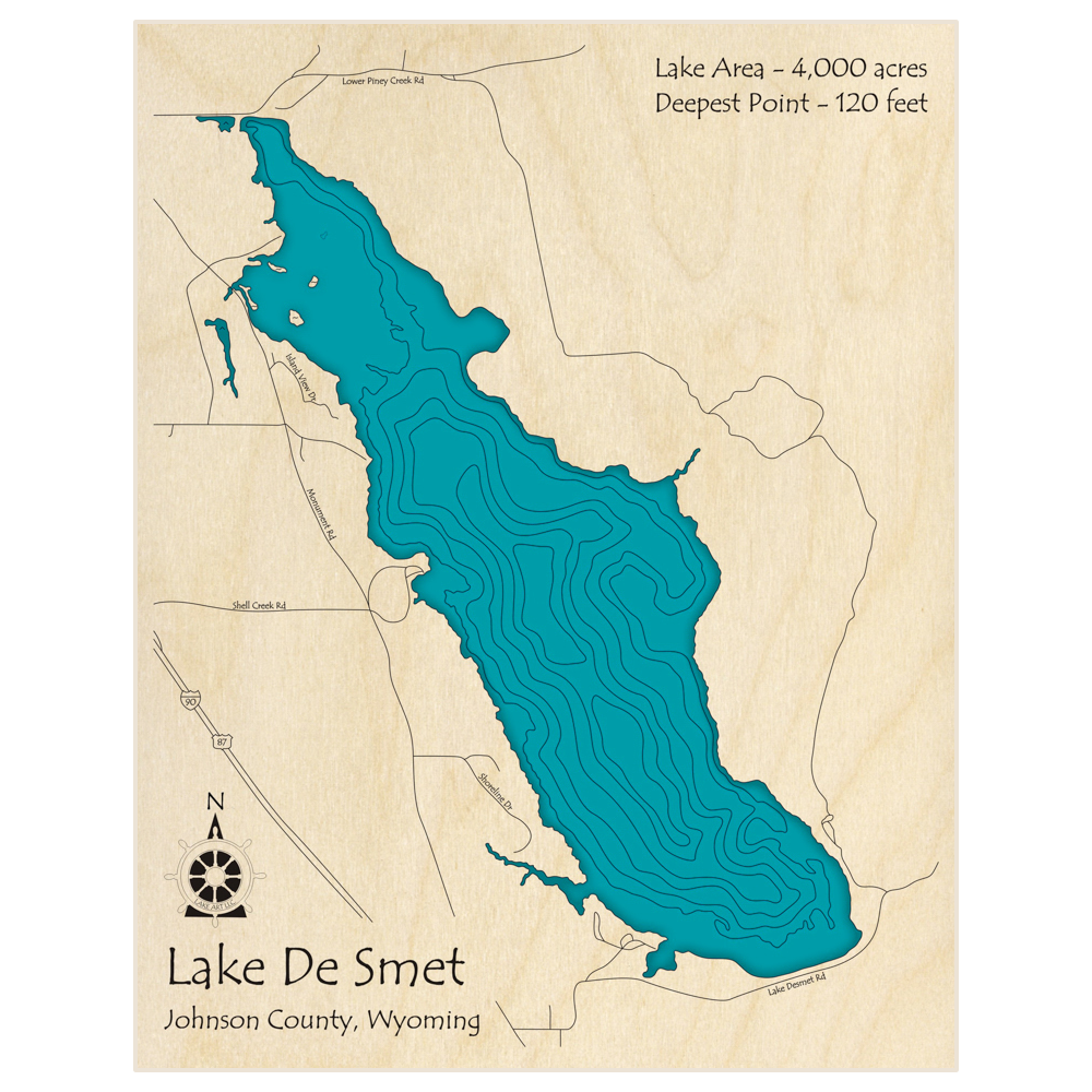 Bathymetric topo map of Lake De Smet  with roads, towns and depths noted in blue water