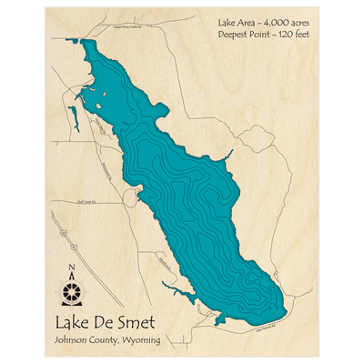 Bathymetric topo map of Lake De Smet  with roads, towns and depths noted in blue water