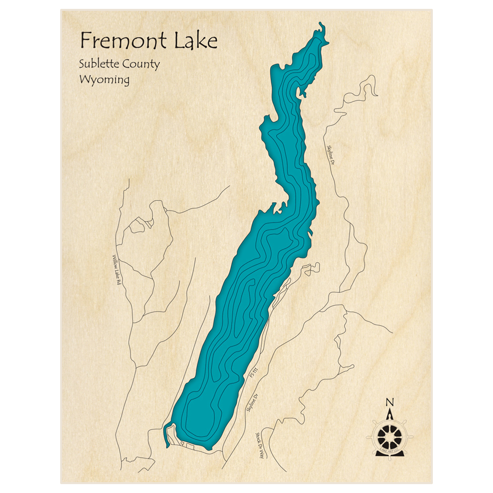 Bathymetric topo map of Fremont Lake  with roads, towns and depths noted in blue water