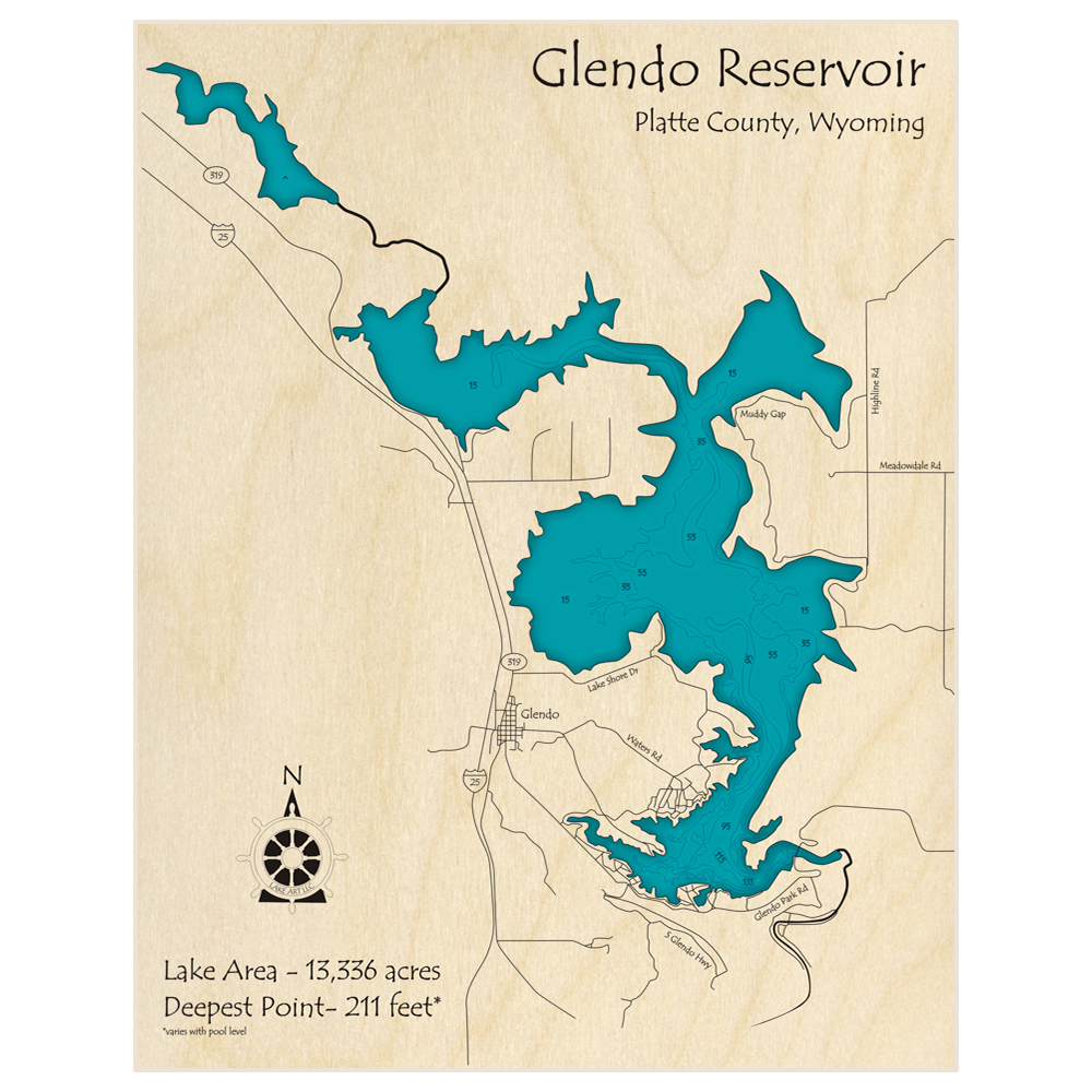 Bathymetric topo map of Glendo Reservoir with roads, towns and depths noted in blue water