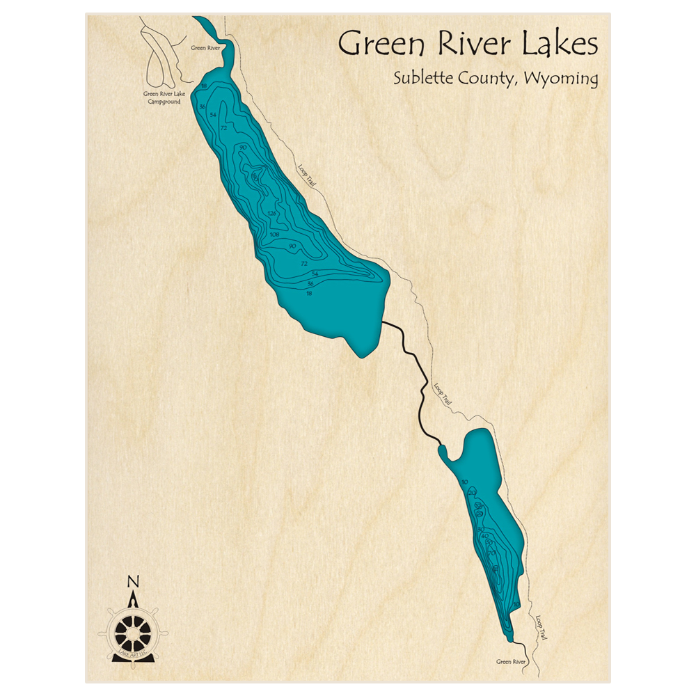 Bathymetric topo map of Green River Lakes with roads, towns and depths noted in blue water