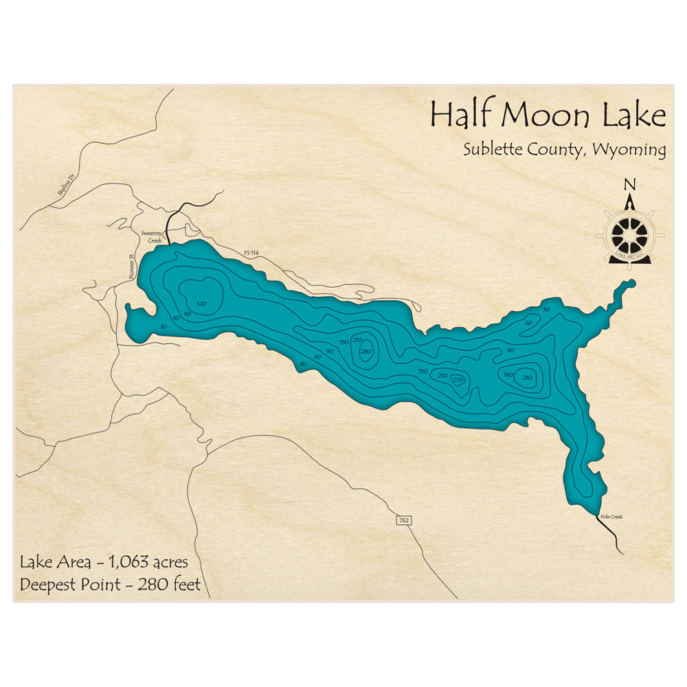 Bathymetric topo map of Half Moon Lake with roads, towns and depths noted in blue water