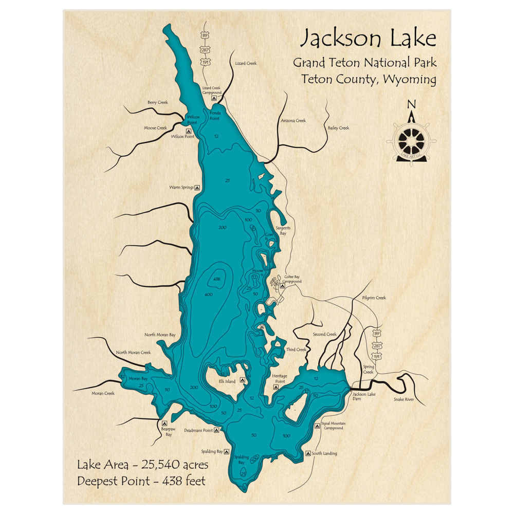 Bathymetric topo map of Jackson Lake with roads, towns and depths noted in blue water