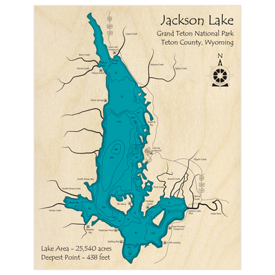 Bathymetric topo map of Jackson Lake with roads, towns and depths noted in blue water